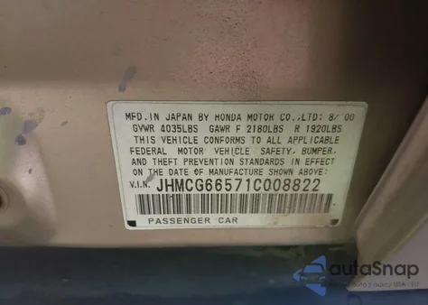 2001 Honda Accord 2.3 Lx from USA, damaged, VIN JHMCG66571C008822